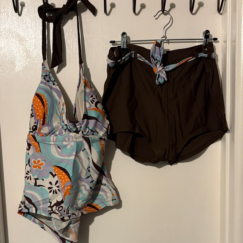 Athletic Works Brown, Orange & Aqua Floral Two-Piece Swim Set